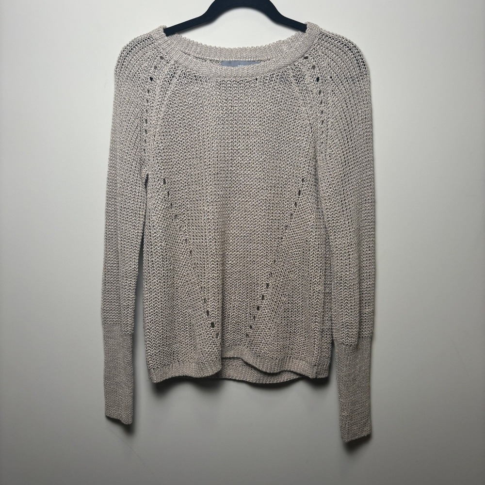 360 Sweater Taupe Beige Open Knit Linen Blend Raglan Crewneck Pullover Womens M